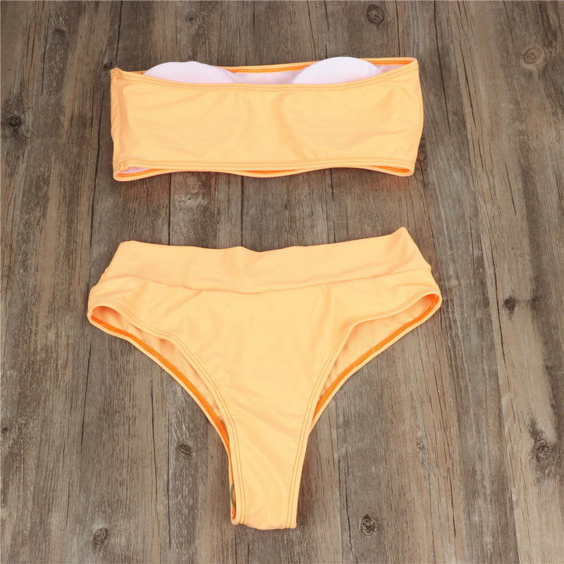 High waist solid color tube bikini swimwear