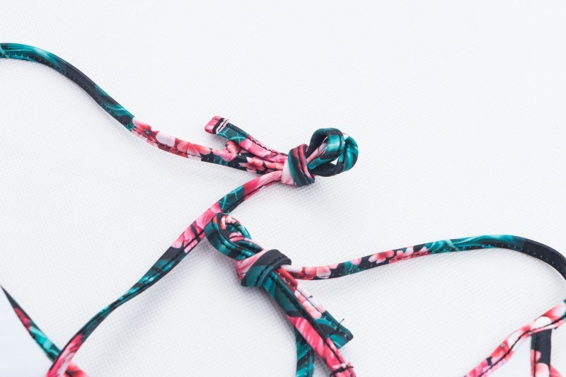 Black Tropical Floral Ruffle Halter Bikini Set sexy print