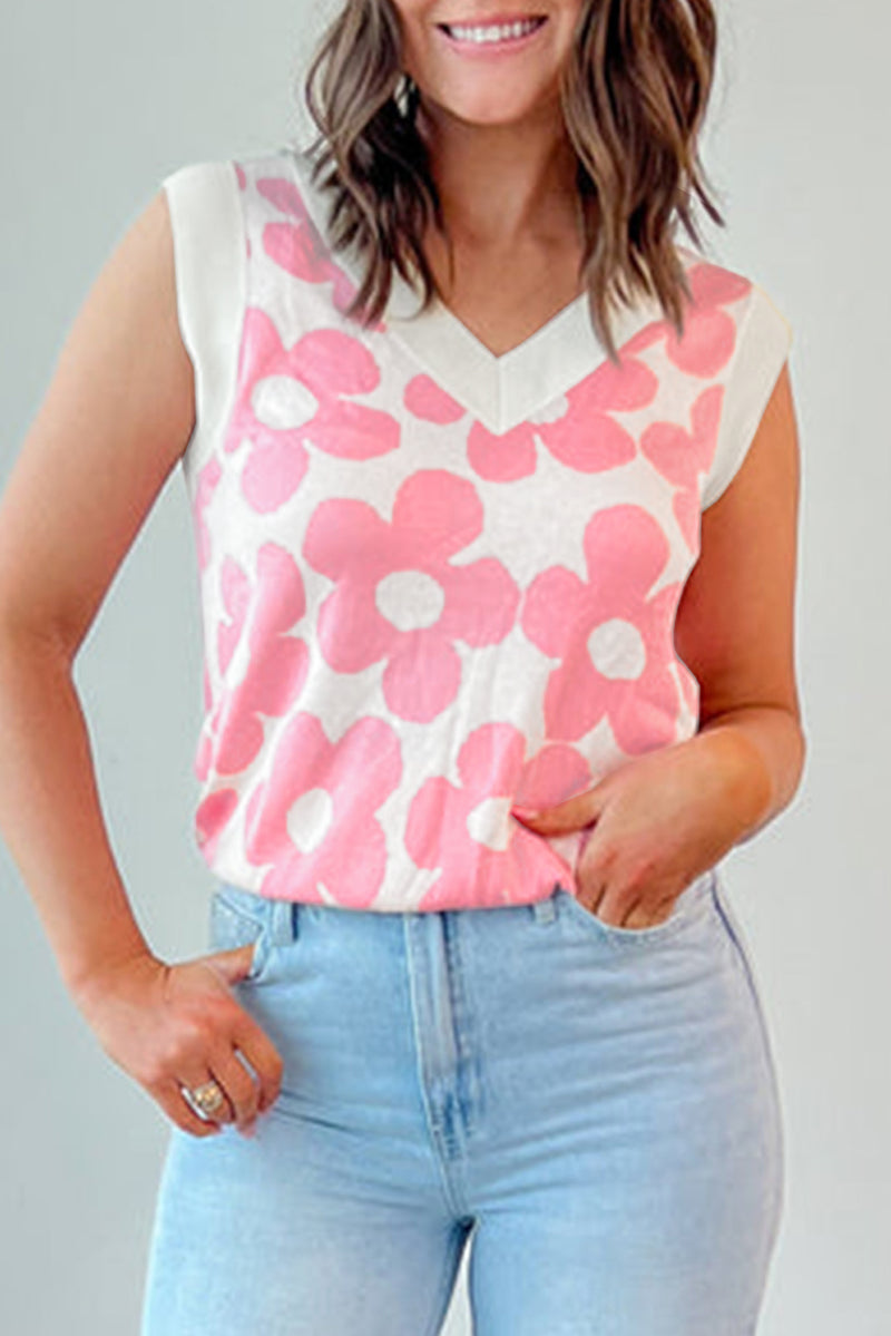 Cute Flower Knitted V Neck Tank Top