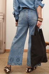 Embroidered Cropped Wide Leg High Waist Jeans