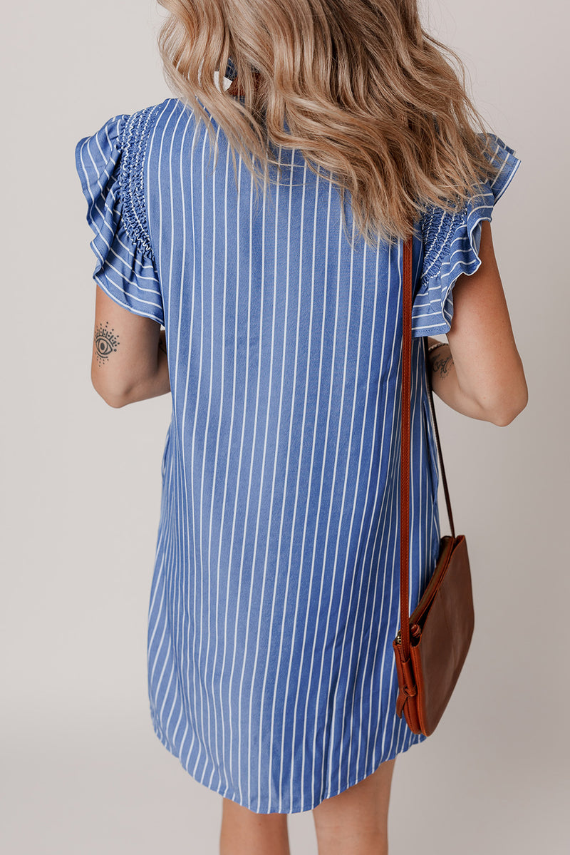 Stripe Frilly Split Neck Shirred Ruffle Sleeve Short Shift Dress