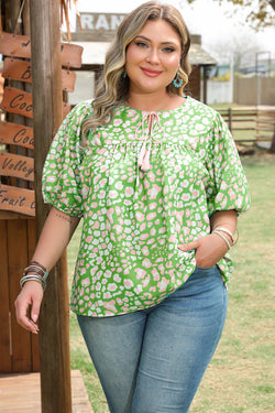 Plus Size Floral Tassel Tie Split Neck Puff Sleeve Blouse