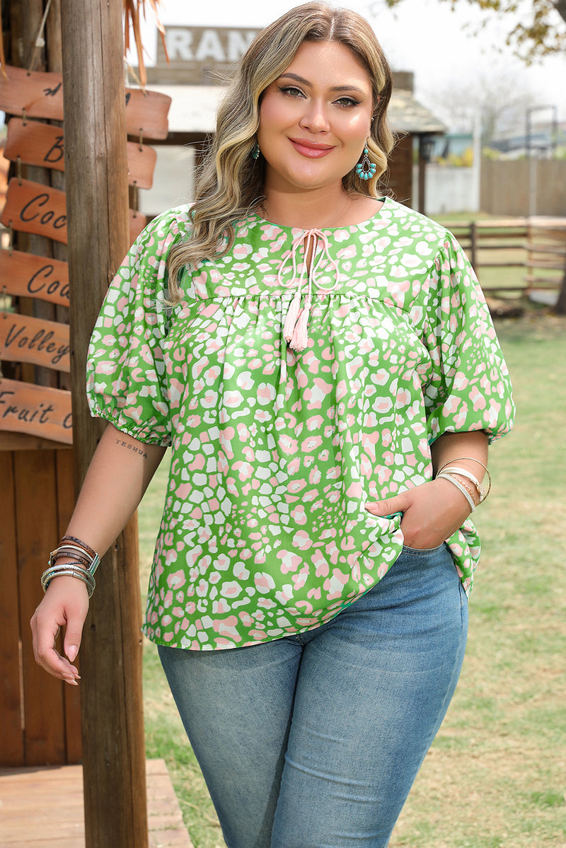 Plus Size Floral Tassel Tie Split Neck Puff Sleeve Blouse