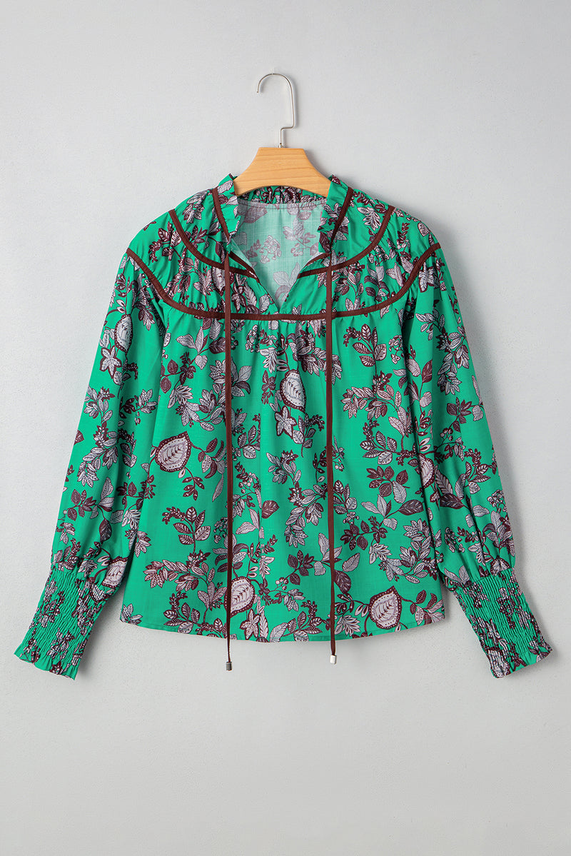 Leaves Print Contrast Trim V Neck Shirred Puff Sleeve Blouse