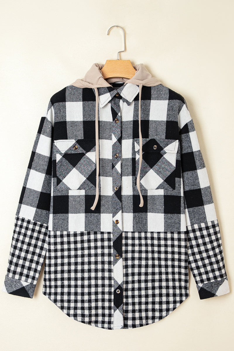 Double Plaid Patchwork Drawstring Hooded Shacket