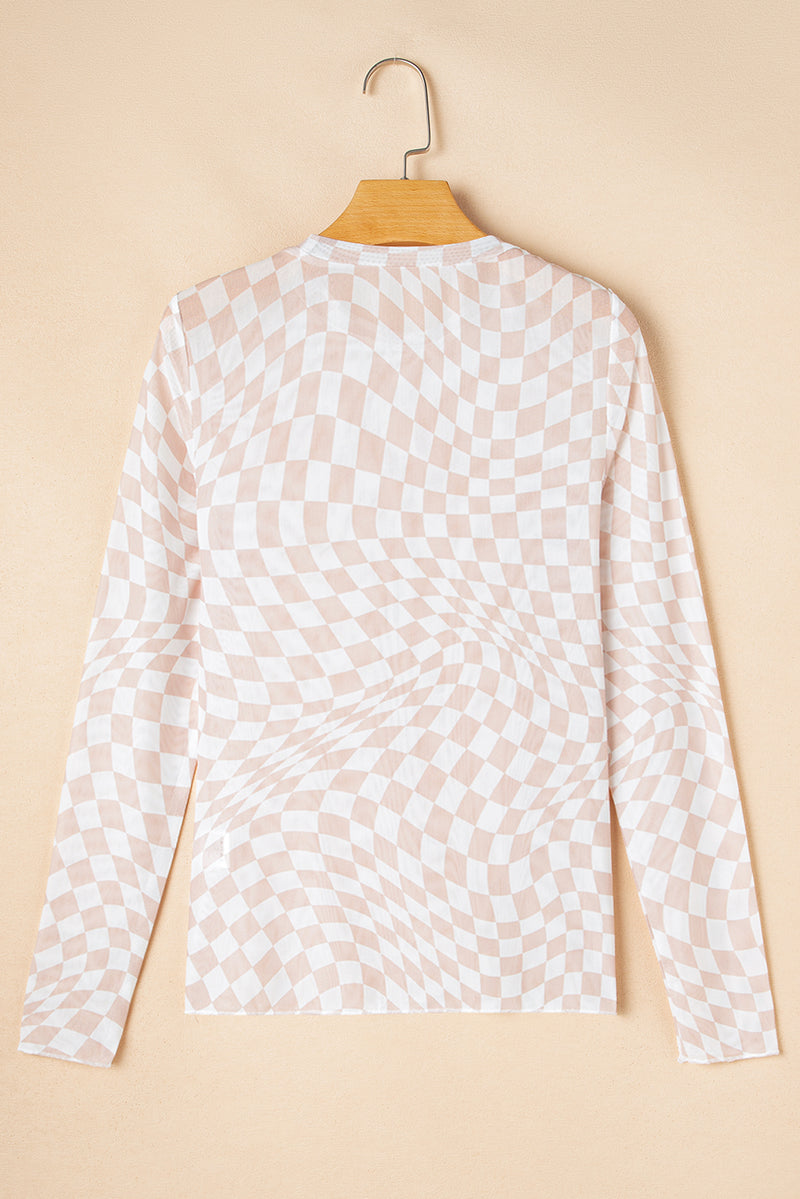 Checkered Pattern Mesh Mock Neck Long Sleeve Top