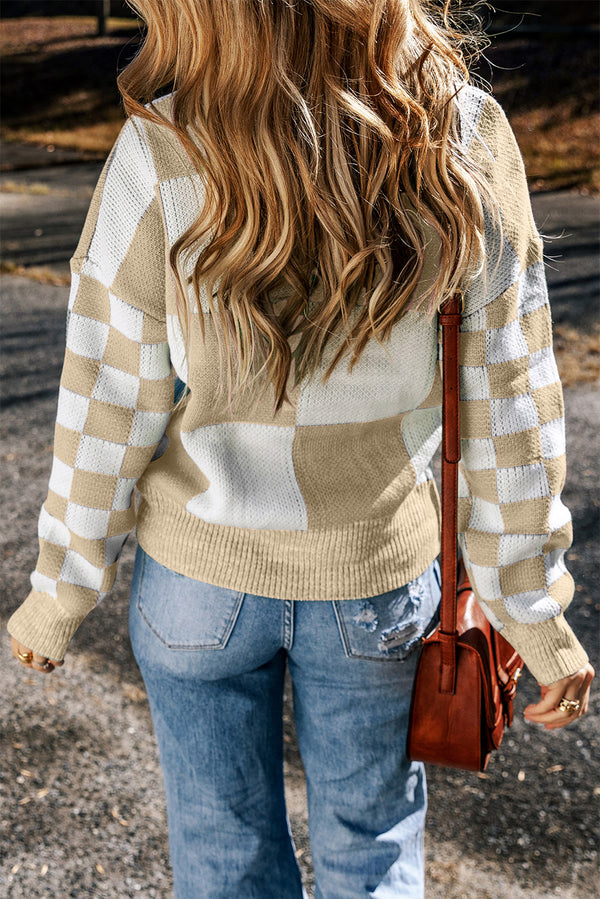 Pale Khaki kCheckered Print Drop Shoulder Sweater