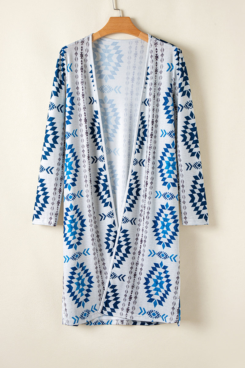 Western Aztec Printed Open Front Long Cardigan