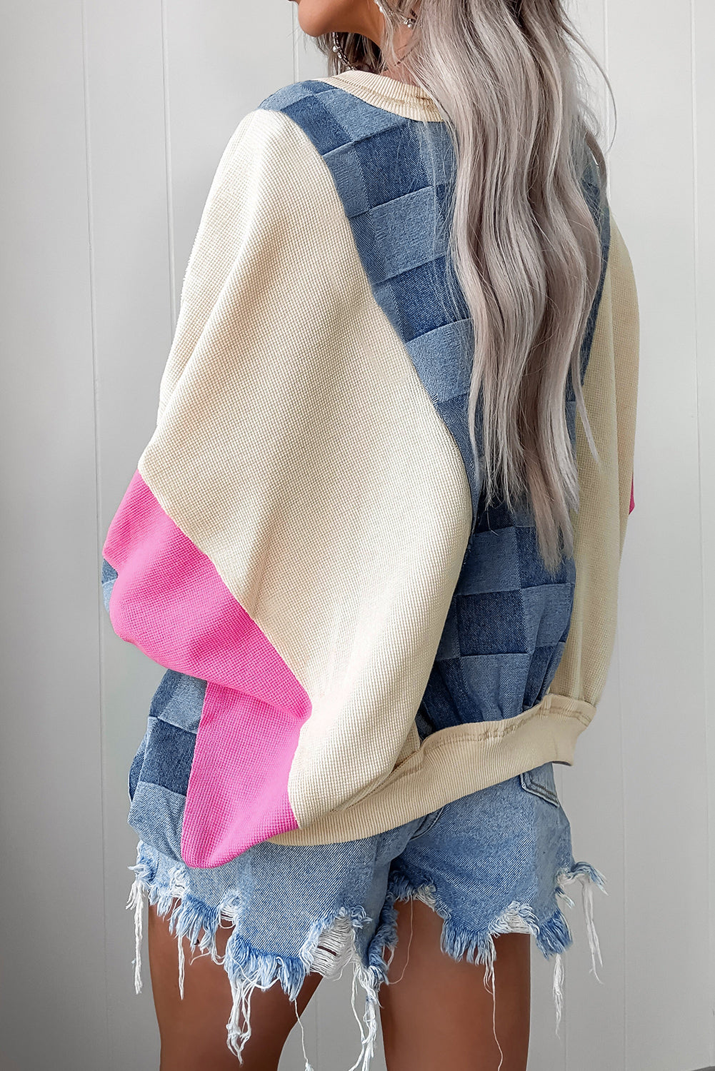 Oversized Checkered Denim Exposed Seam Patchwork Casual Sweatshirt