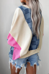 Oversized Checkered Denim Exposed Seam Patchwork Casual Sweatshirt