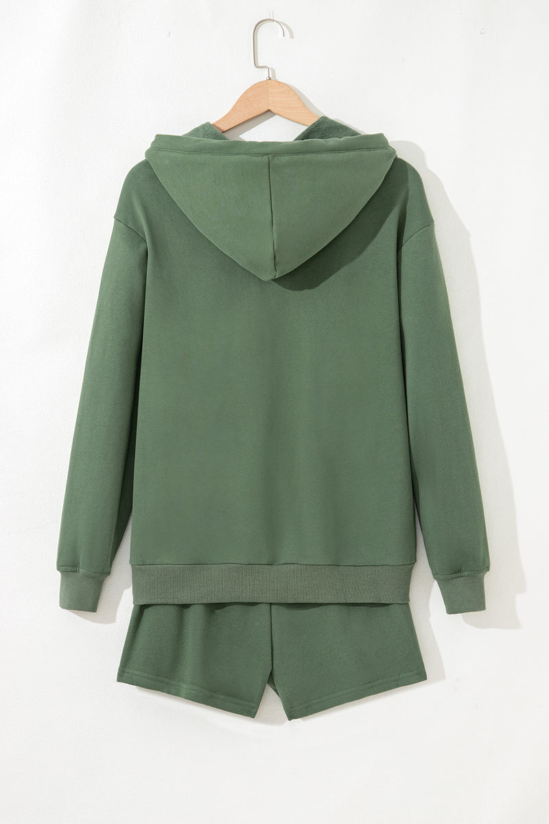 Solid Button Drawstring Hooded Pullover and Casual Short Set