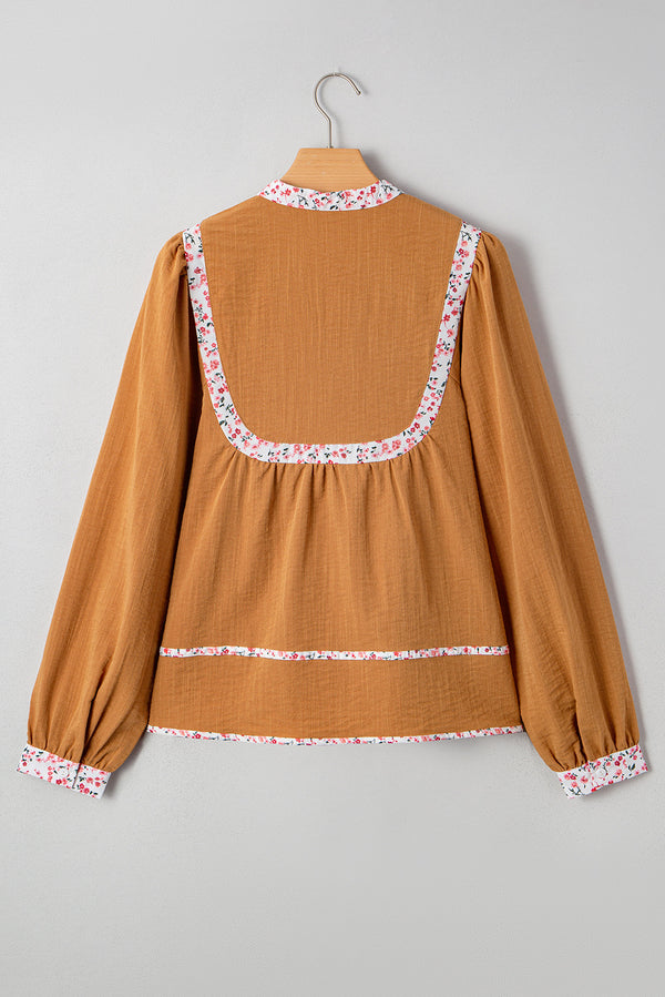 Split Neck Pleated Floral Trim Long Puff Sleeve Blouse