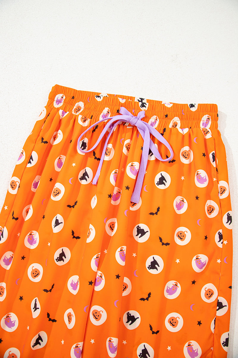 Halloween Print Lapel Shirt Long 2pcs Pajama Set