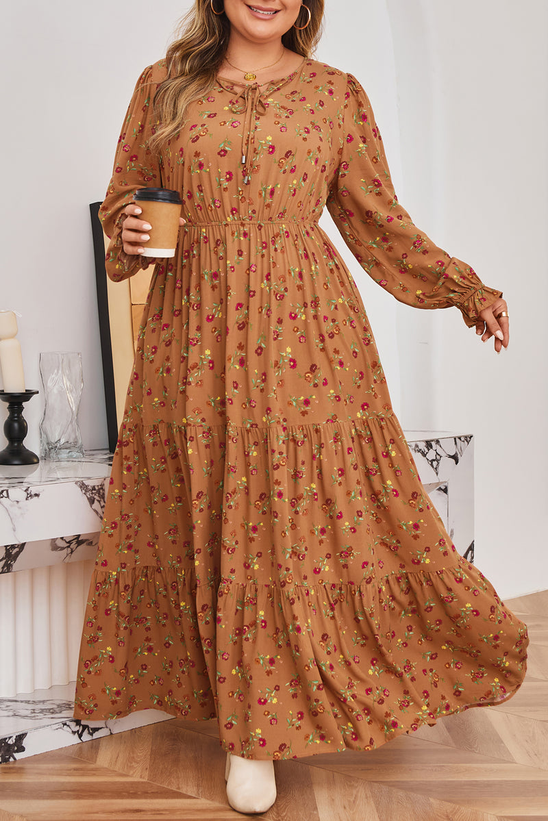 Plus Size Floral Split V Neck Ruffled Sleeve Tiered Maxi Dress