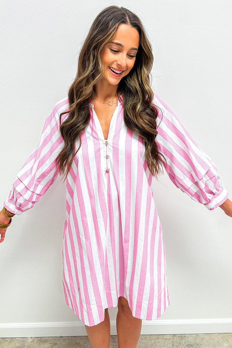 Stripe Bracelet Sleeve Buttons Loose Mini Dress