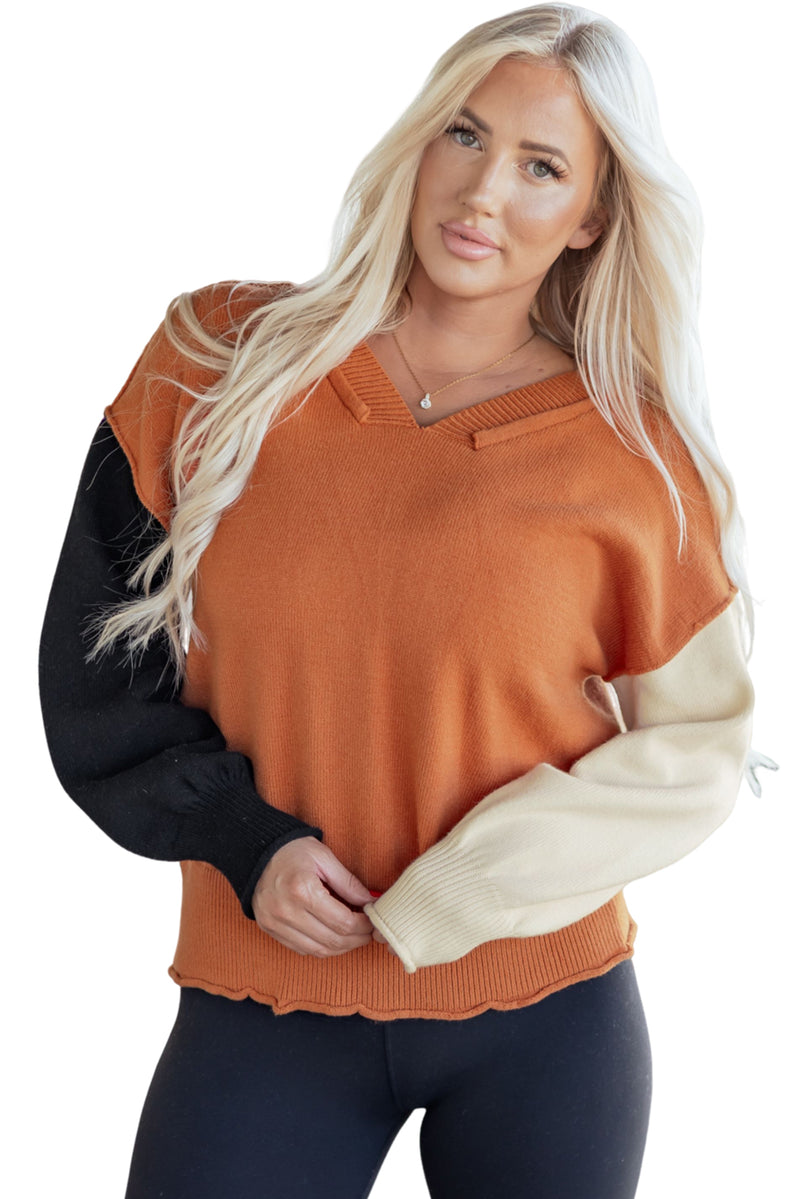 Colorblock Raw Edge Bubble Sleeve V Neck Sweater
