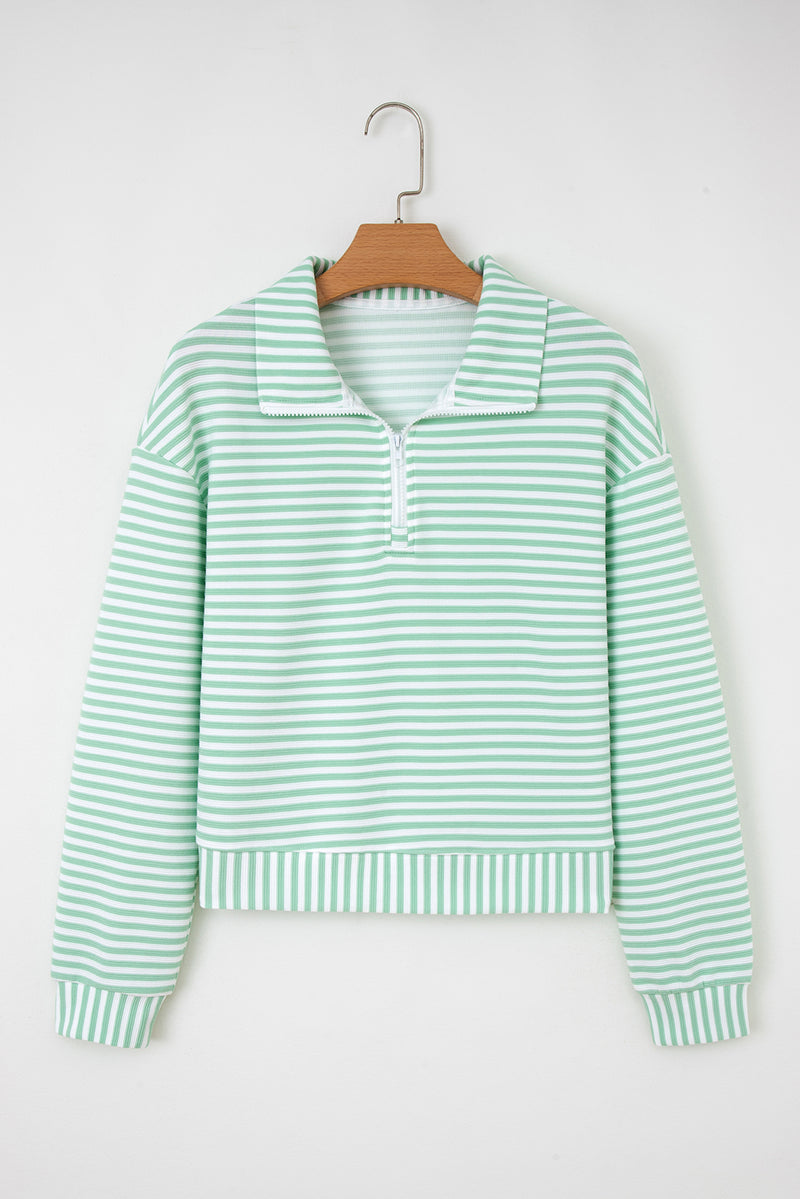Stripe Quarter Zip Collar Pullover Long Sleeve Top