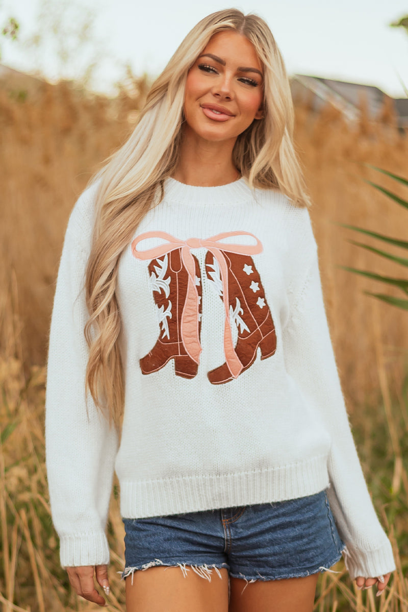 Embroidered Bow Boots Graphic Drop Shoulder Sweater