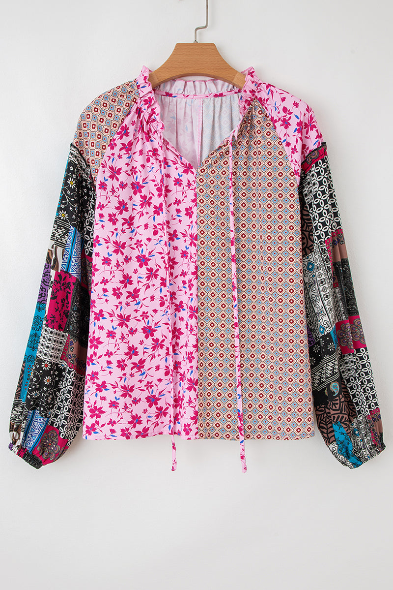 Boho Mixed Floral Drop Shoulder Bubble Sleeve Blouse