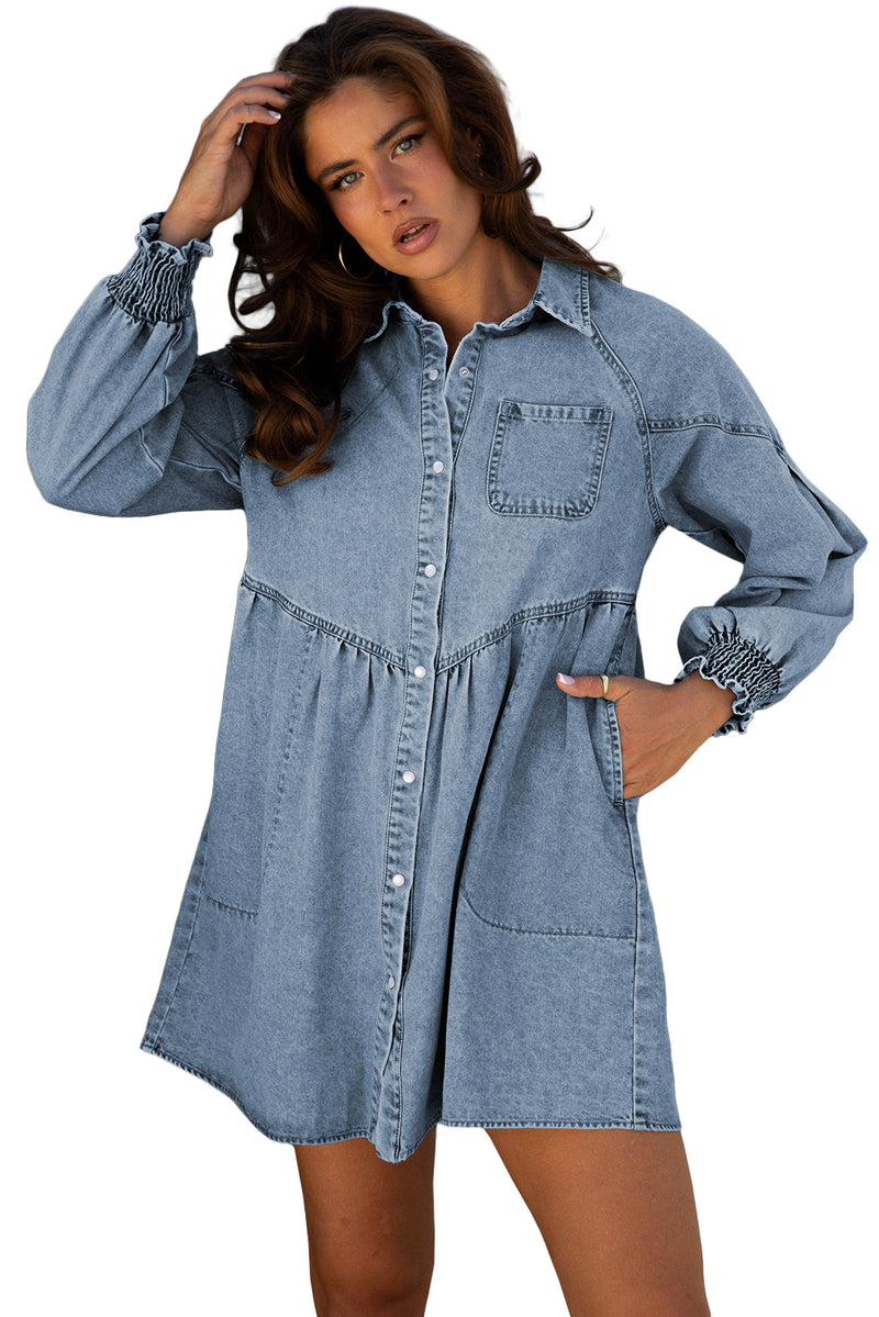 Smocked Cuffs Flared Denim Shirt Mini Dress