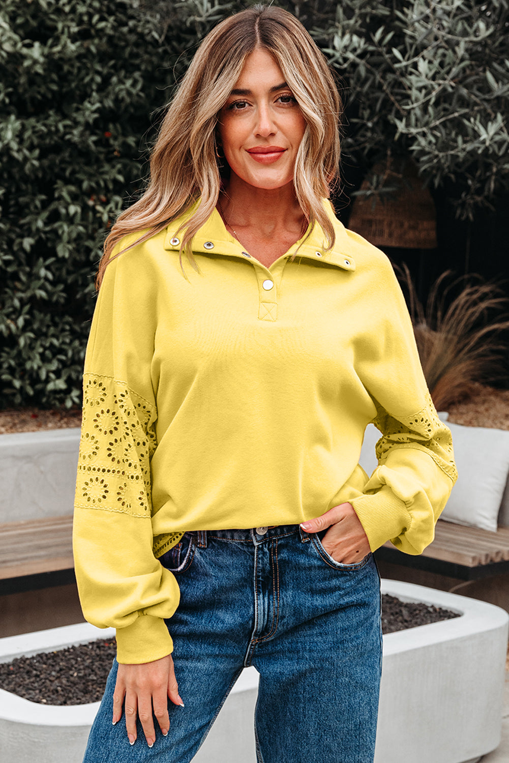 Embroidered Flower Patchwork Snap Buttons Pullover Sweatshirt