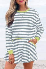 Stripe Contrast Ribbed Banding Long Sleeve Blouse Loose Shorts Set