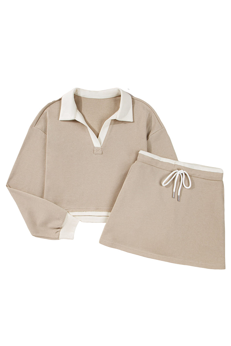 Edge Detail Colorblock Patchwork Cropped Pullover Drawstring Skirt Set