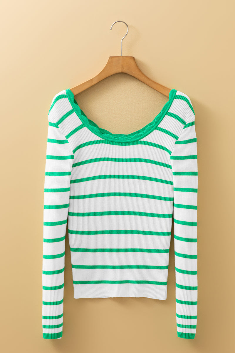 Green Scalloped Trim U Neck Striped Ribbed Slim Sweater