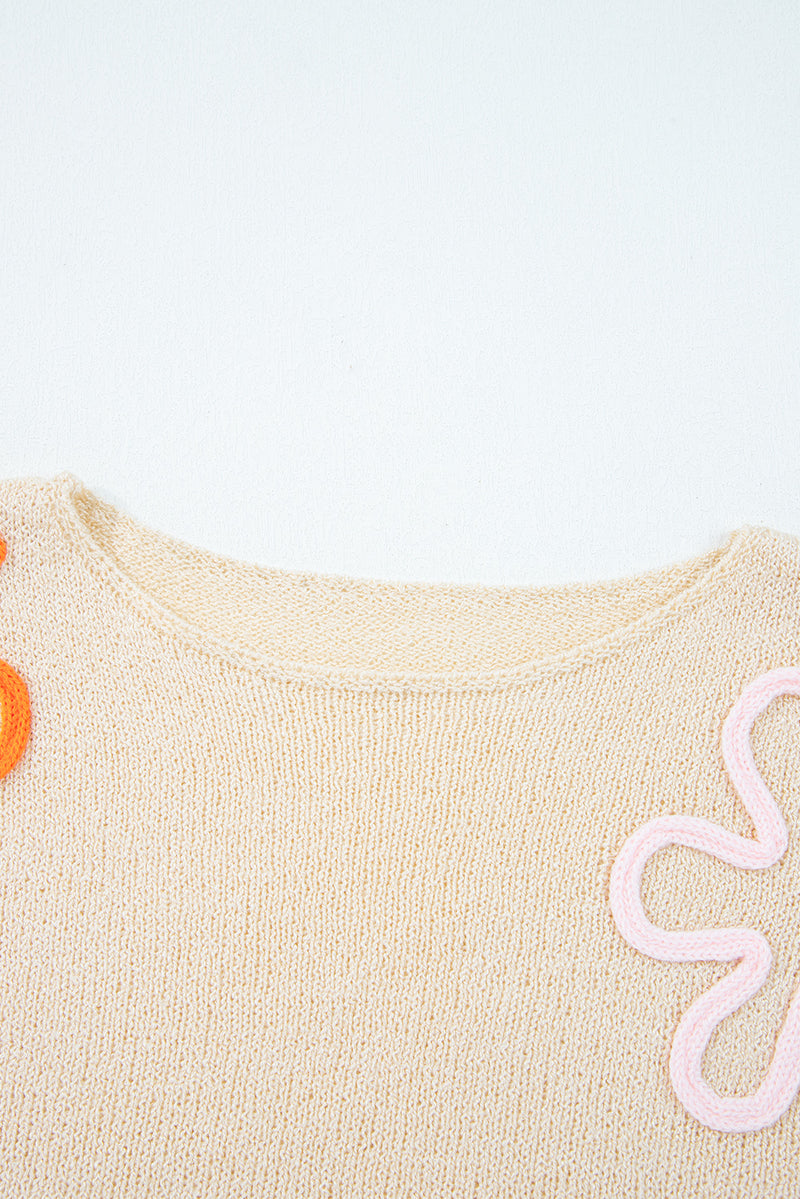 Jet Stream Contrast Flower Detail Colorblock Cuffed Loose Sweater