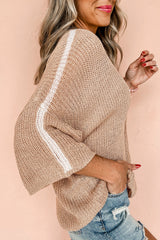 Light French Contrast Striped 3/4 Sleeve Crew Neck Sweater