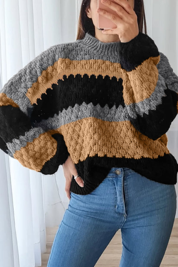 Color Block High Neck Baggy Sweater