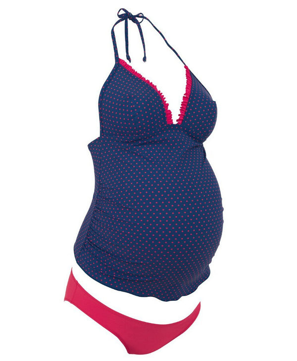 Navy Polka Dot Halter Maternity Tankini Set
