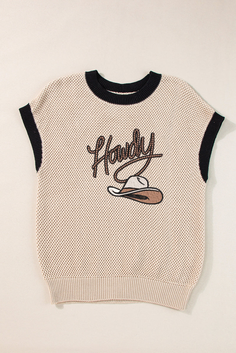 Light French Beige Howdy Cowboy Hat Embroidered Short Sleeve Sweater