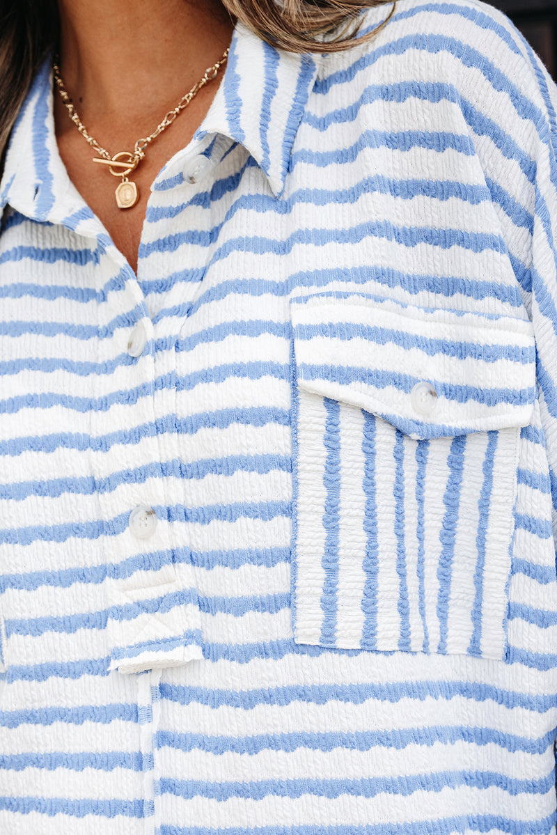 Stripe Half Button Collared Chest Pockets Loose Fit Blouse