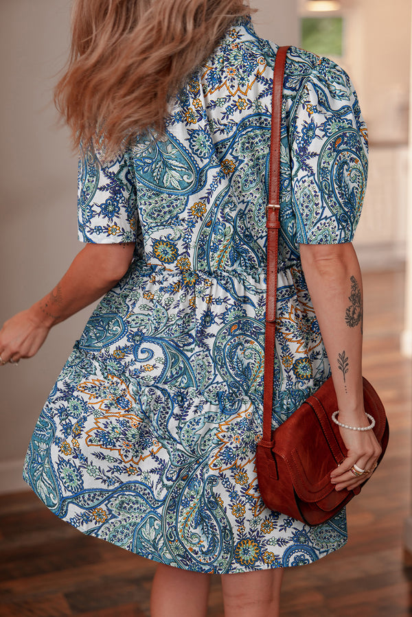 Bohemian Paisley Floral V Neck Short Sleeve Mini Dress