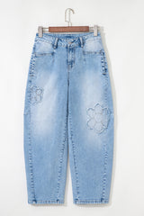 Flower Patched Light Wash Cropped High Waist Jeans