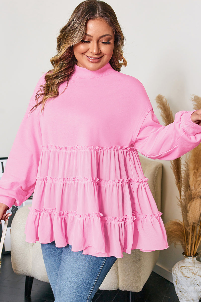 Tiered Ruffle Ribbed Crew Neck Pullover Plus Size Top