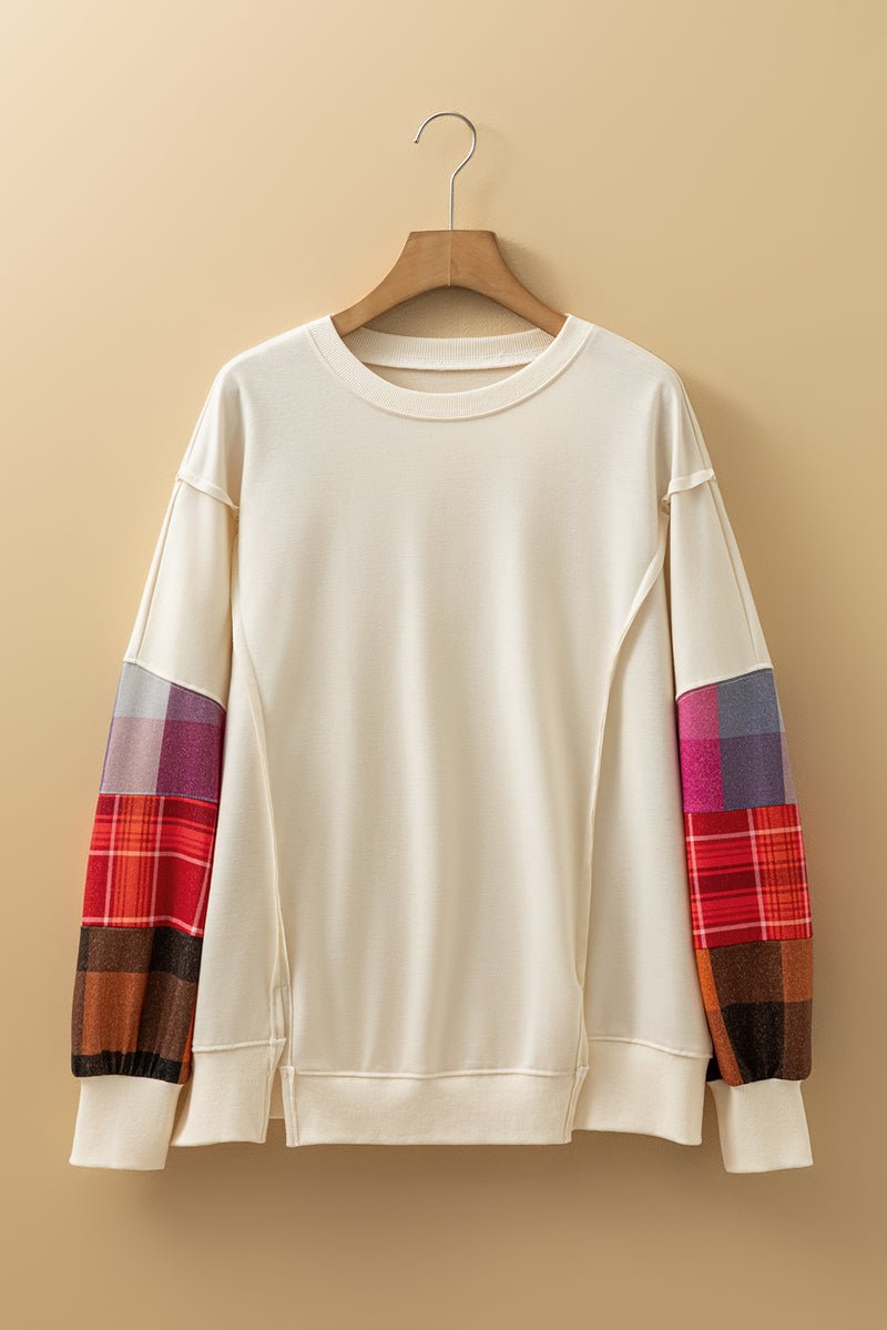 Contrast Plaid Long Sleeve Exposed Seam Patchwork Top