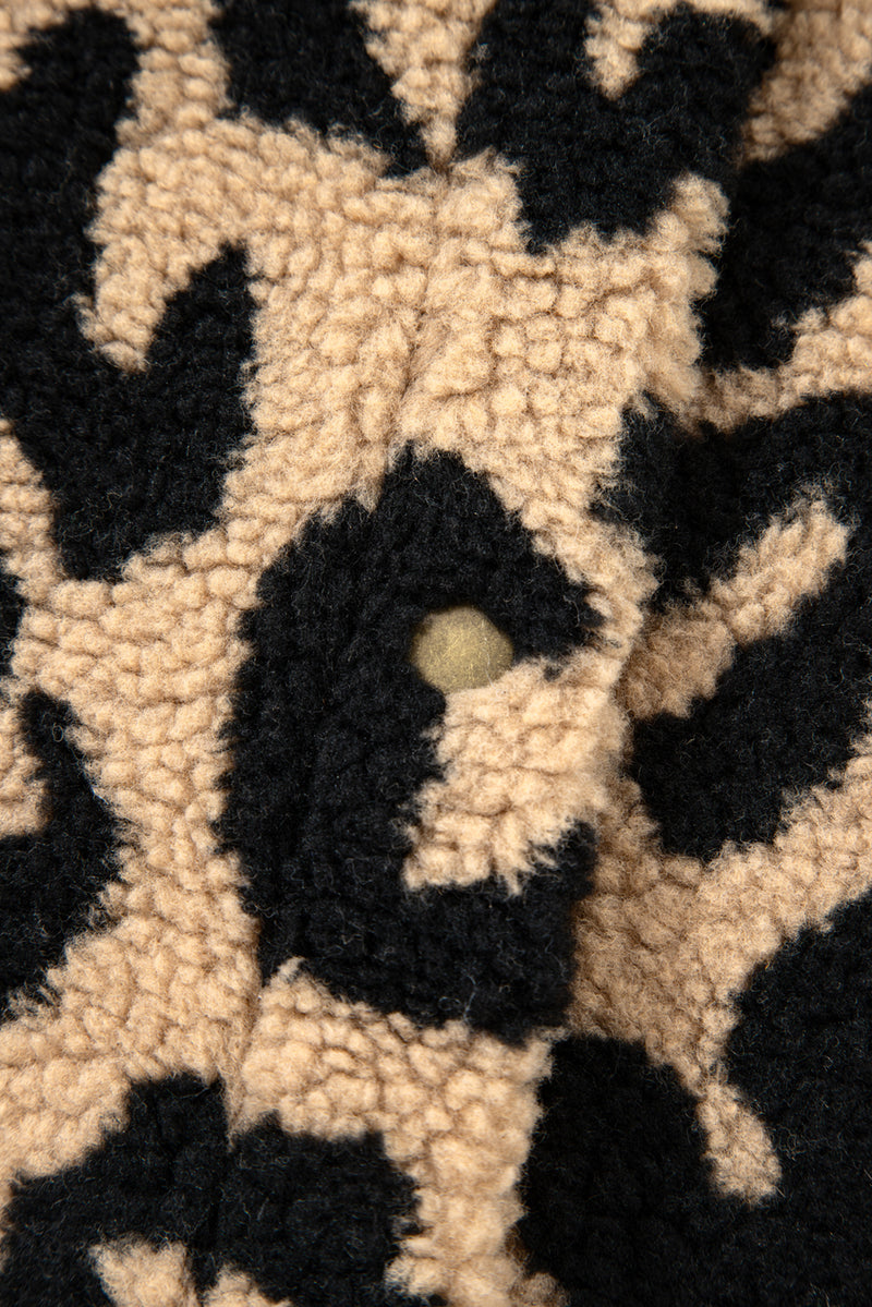 Leopard Sherpa Button Front Collared Plus Size Vest Jacket