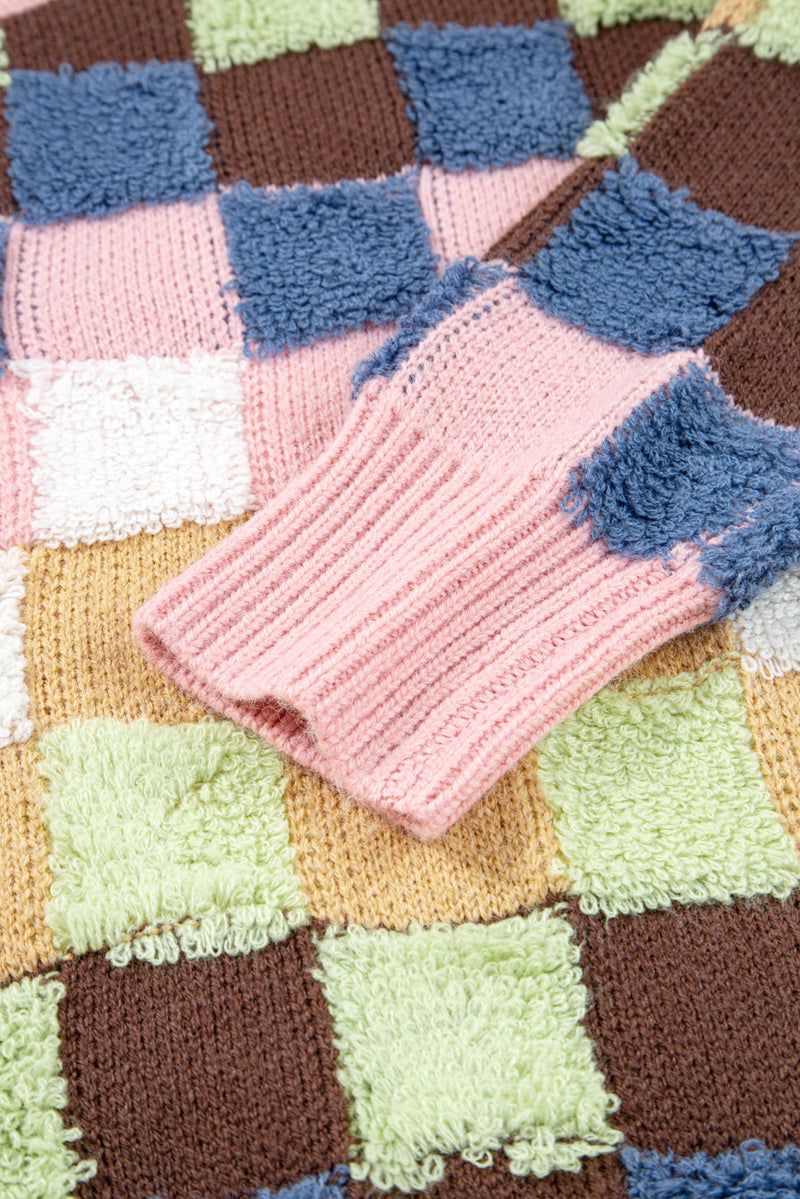 Multicolour Plush Checkered Pattern Button Front Cardigan Sweater
