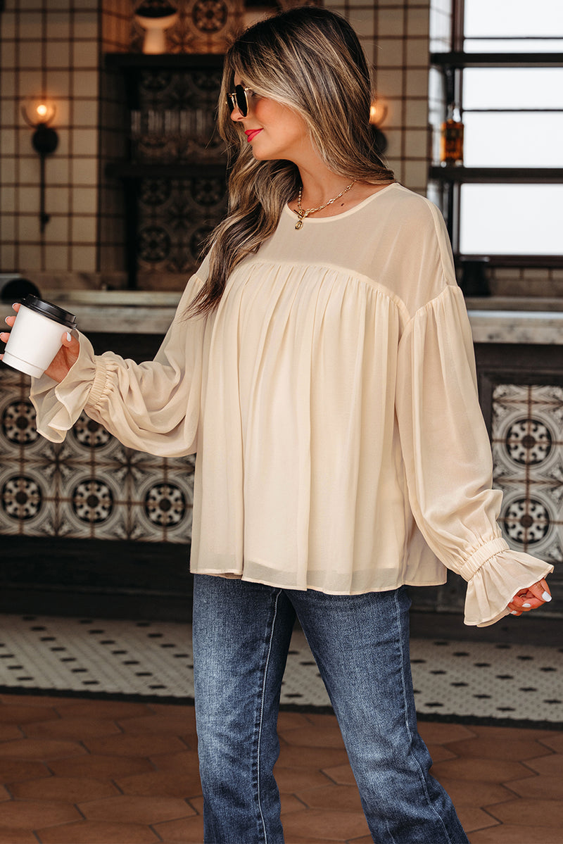 Beige Pleated Ruffle Long Sleeve Chiffon Blouse
