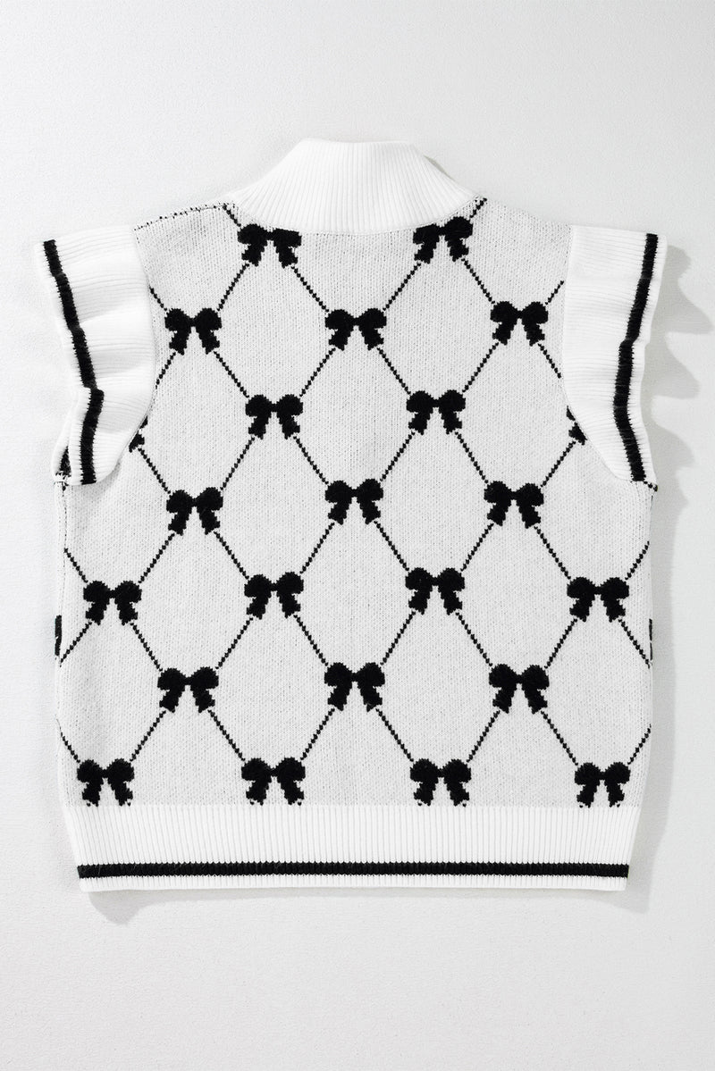 Solid Preppy Vibes Bow Print Zipped Collar Sweater Tee