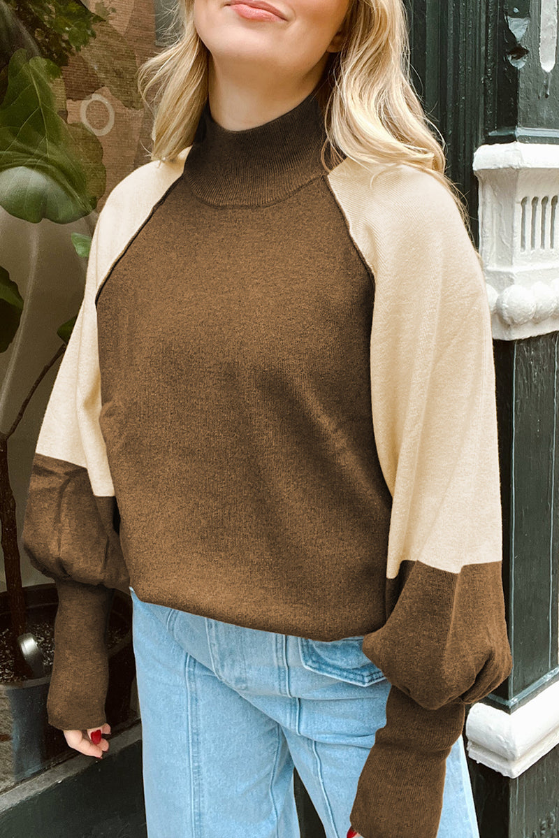 Brown Color block Raglan Puff Sleeve Mock Neck Sweater