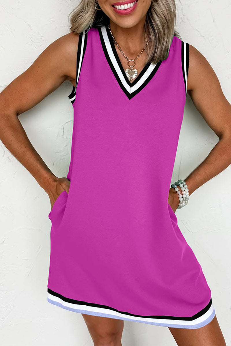 Color Contrast Trim V Neck Shift Sleeveless Mini Dress