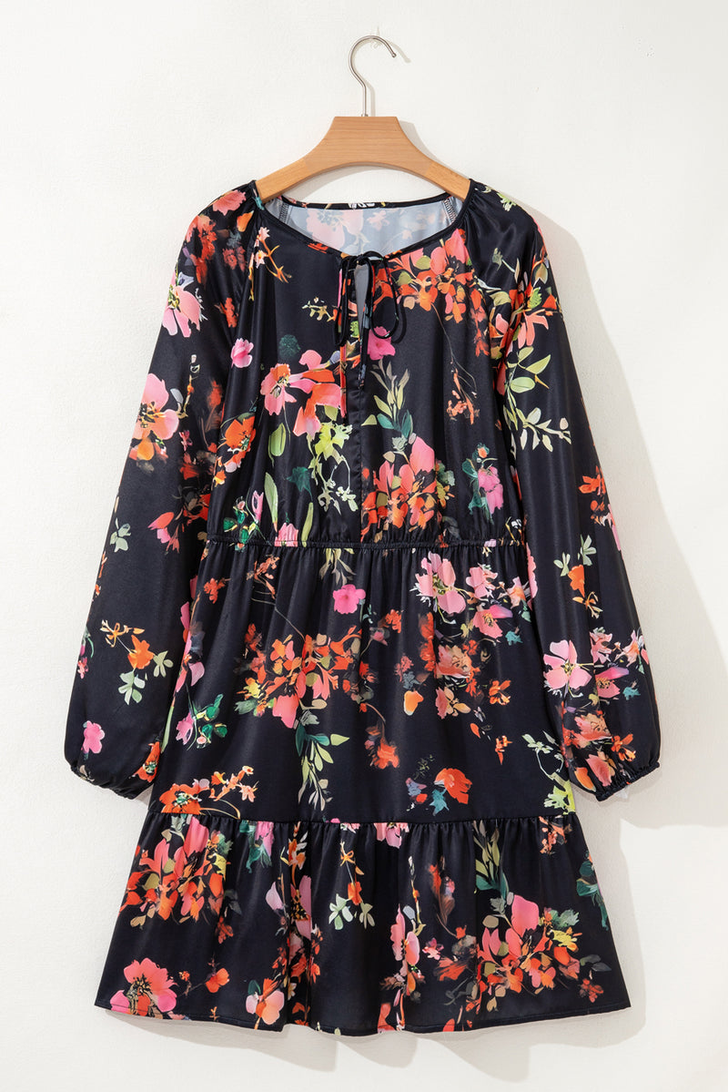 Plus Size Floral Print Tie Neck Cinched Waist Long Sleeve Mini Dress