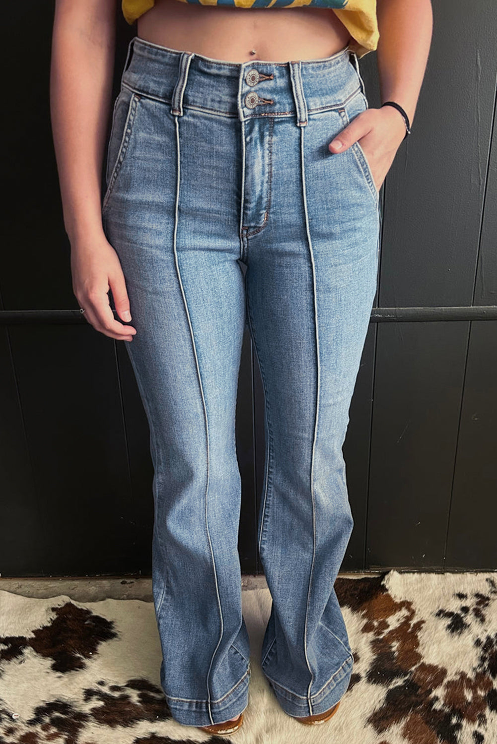 Button High Waist Piping Trim Bootcut Jeans