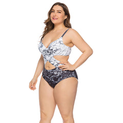Plus Size Marble Print Cutout One-Piece Swimsuit