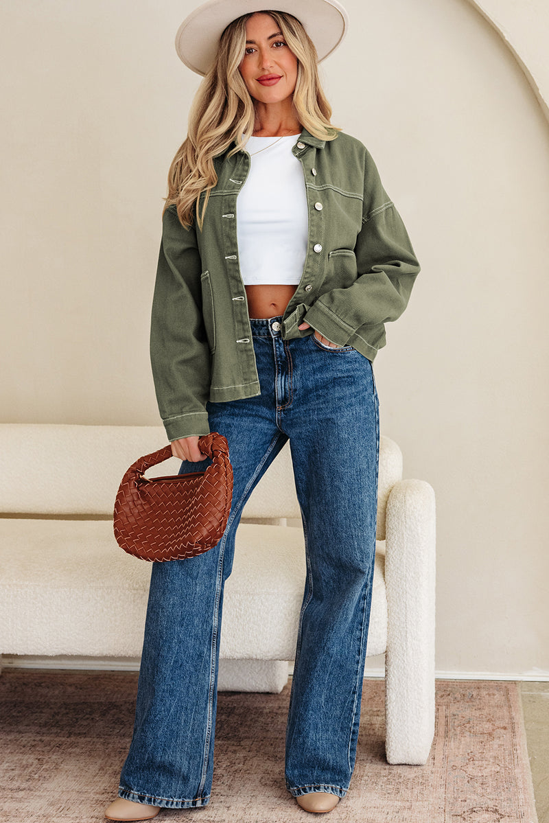 Moss Green Patched Pocket Collared Button Front Boyfriend Denim Jacket