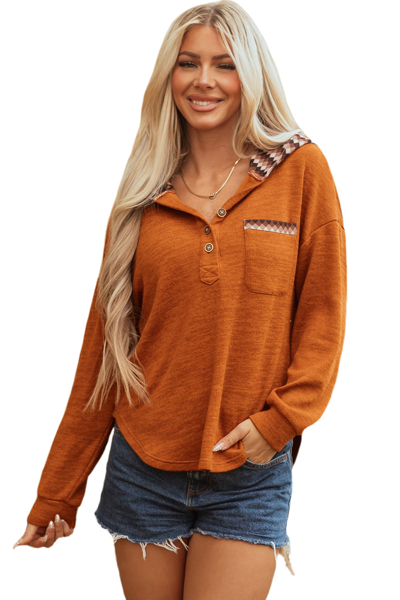 Contrast Plaid Hood Patchwork Chest Pocket Henley Top