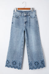 Embroidered Cropped Wide Leg High Waist Jeans